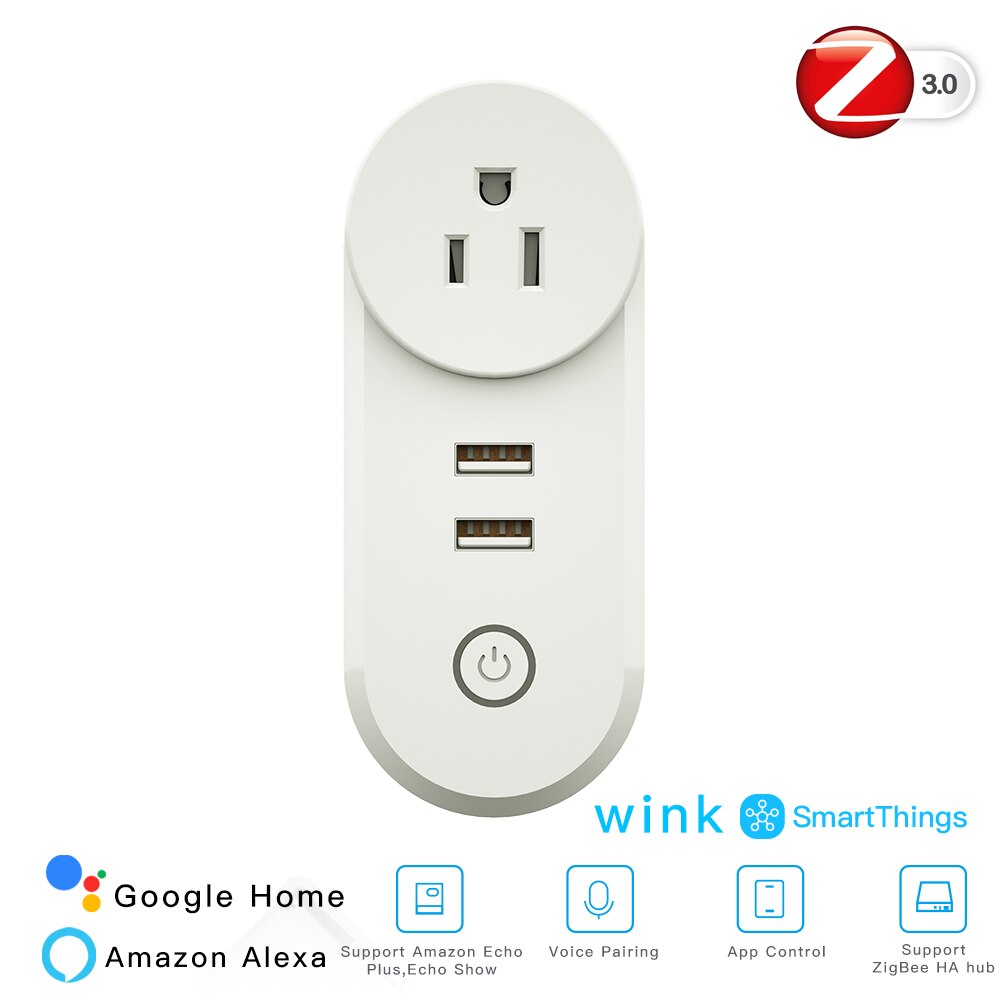 Zigbee 3.0 älykäs pistorasia 2 usb-liitännällä kauko-ääniohjaus toimii smartthings echo plus ja useimmat zigbee hub kanssa: Meille älykäs pistorasia