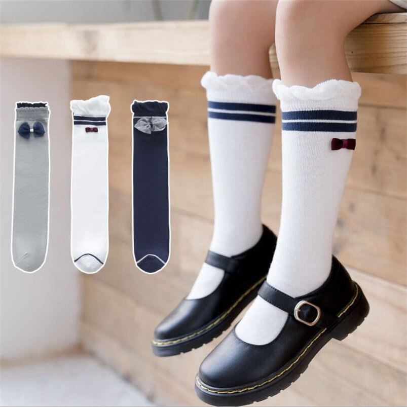 Kids Sokken Peuters Meisjes Kleine Strik Side Knie Hoge Lange Zachte Katoen Kant Baby Been Warmers Kniekousen Meisje 3-12T