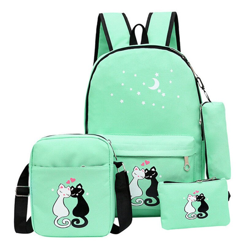 4 sæt skoletasker barn skole rygsække til teenagepiger søde kat tegneserie rygsæk børn taske lærred skoletaske: Grøn