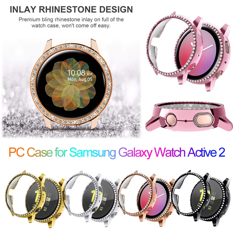 Bling diamond hard pc klokkekasse støtfangerramme heldeksel deksel beskytter shell skin for samsung galaxy watch active 2 40mm 44mm