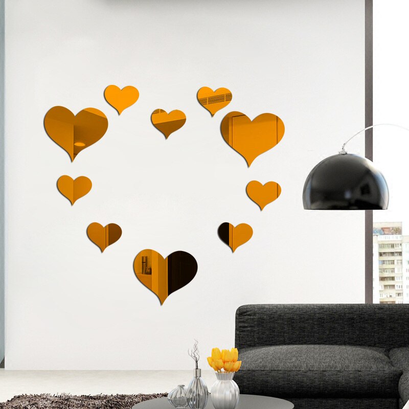 Espejo acrílico de corazón de amor para pared, Adhesivo de pared, empolvable, arte de sala de estar, decoración del hogar, 10 Uds.: Chocolate color