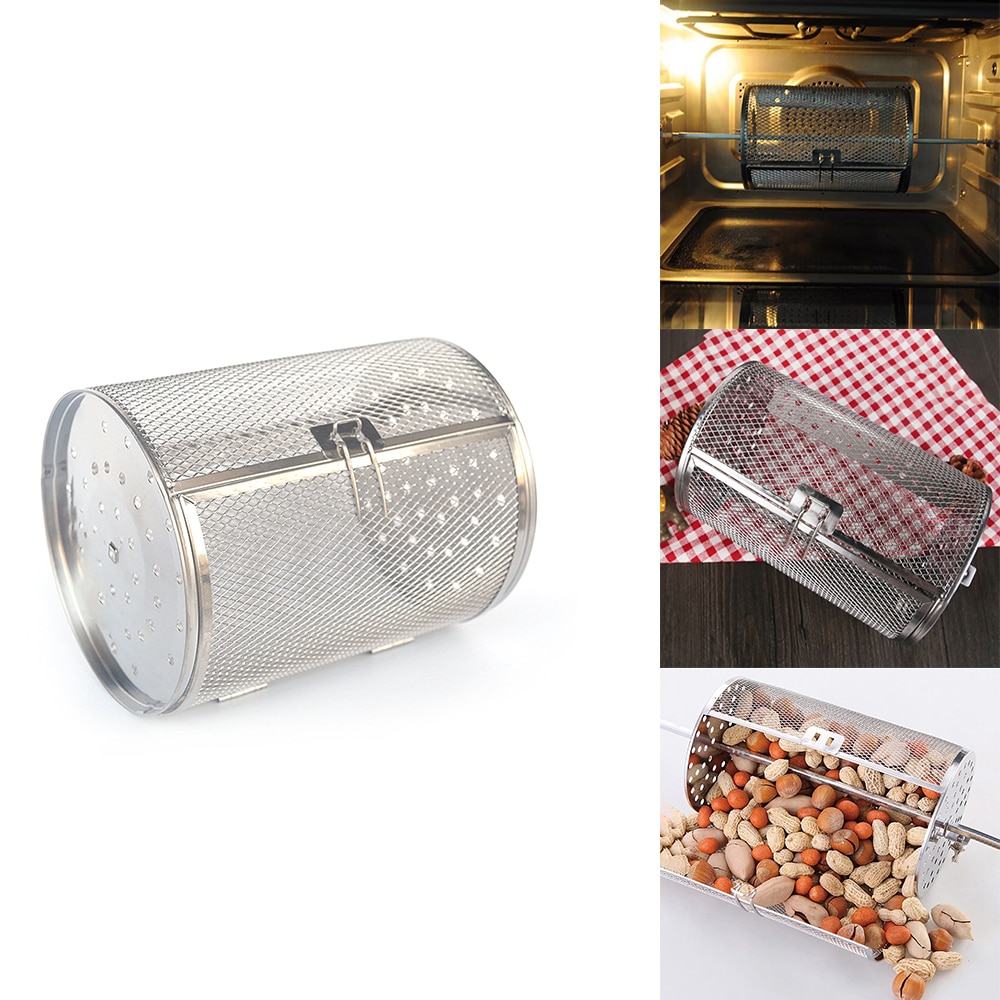 BBQ Stainless Steel Rotisserie Grill Roaster Drum Oven Basket Bakeware Oven Roast Baking Rotary Nuts Beans Peanut Basket Grill