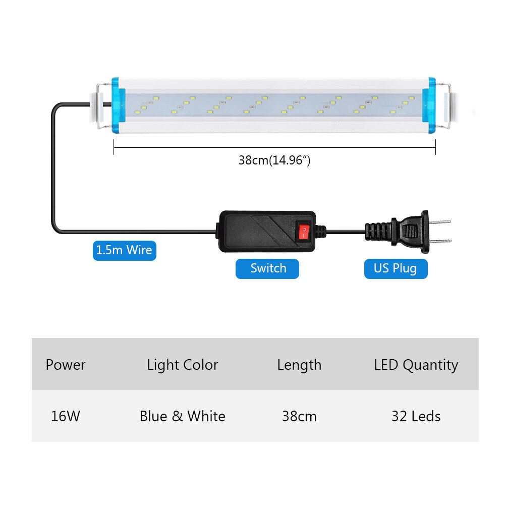 Waterdichte Vis Armatuur Verstelbare Aquarium Licht Plant Lamp Ac 90-260V Decor Wit Blauw Verlichting Super Slanke Leds us/Eu Plug: US plug-38cm