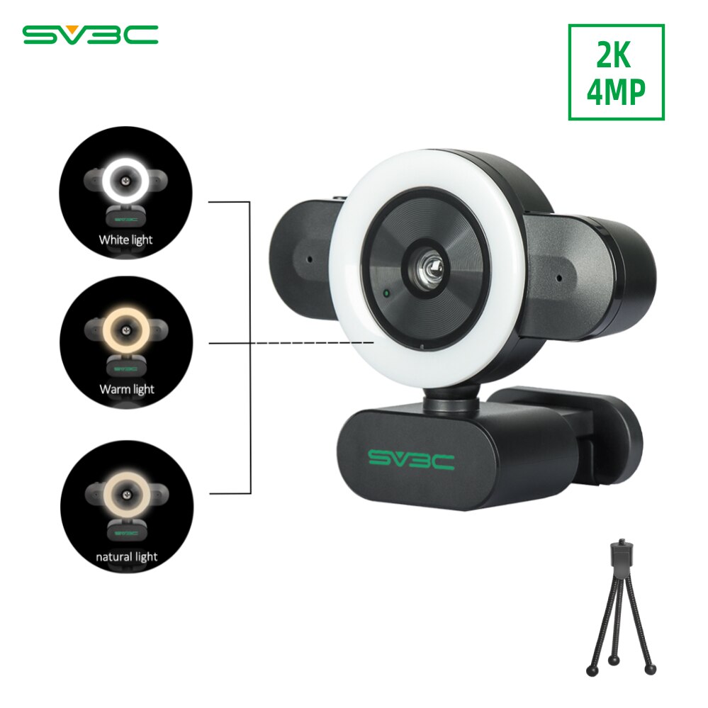 HD 2K 4MP Webcam Mini Computer PC WebCamera with Microphone Rotatable Cameras for Live Broadcast Video Calling Conference Work: Black with tripod
