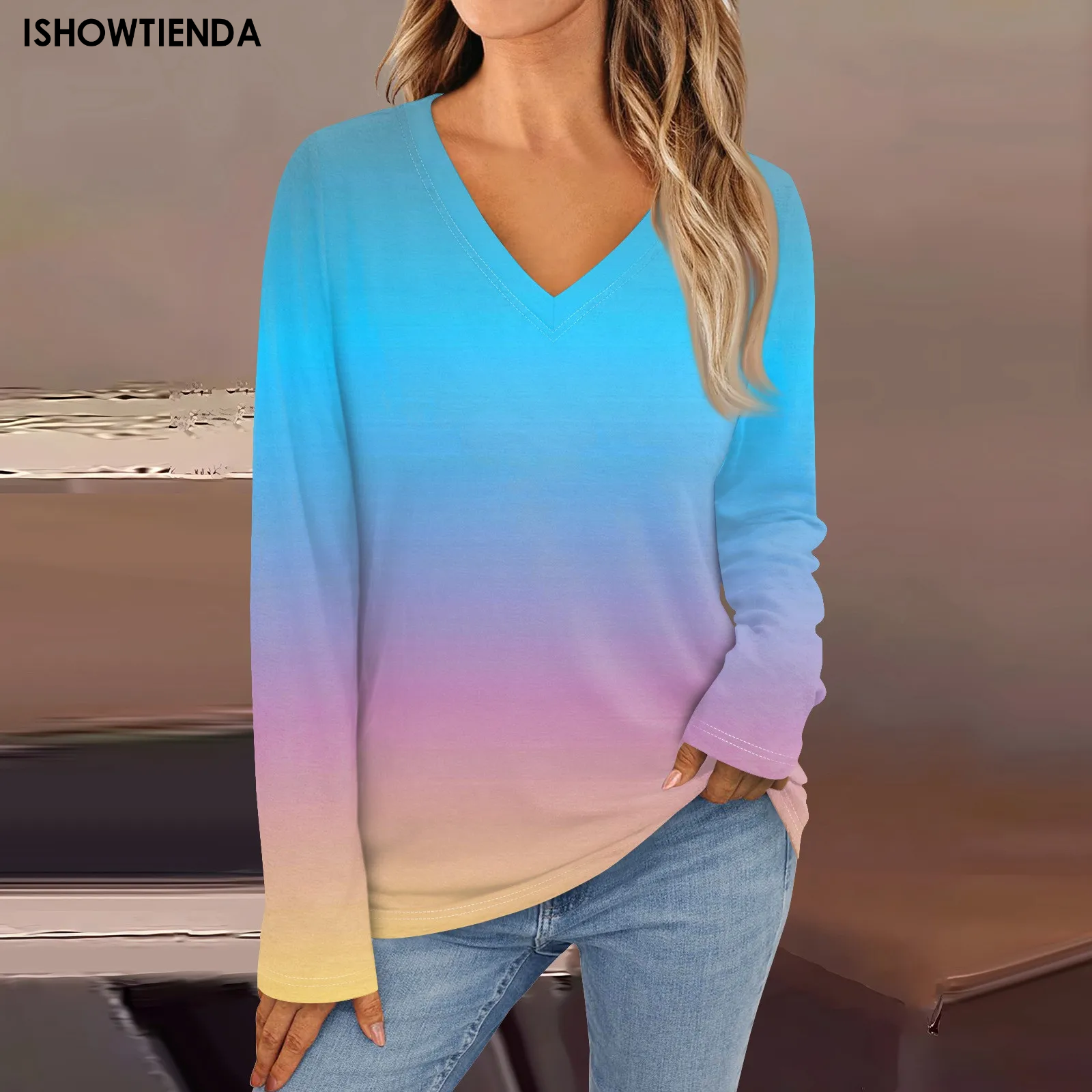Women Floral Printed T-shirts Casual V Neck Full Long Sleeve Shirts Tops Ladies Basic Kniited Tee Shirts Ladies Top