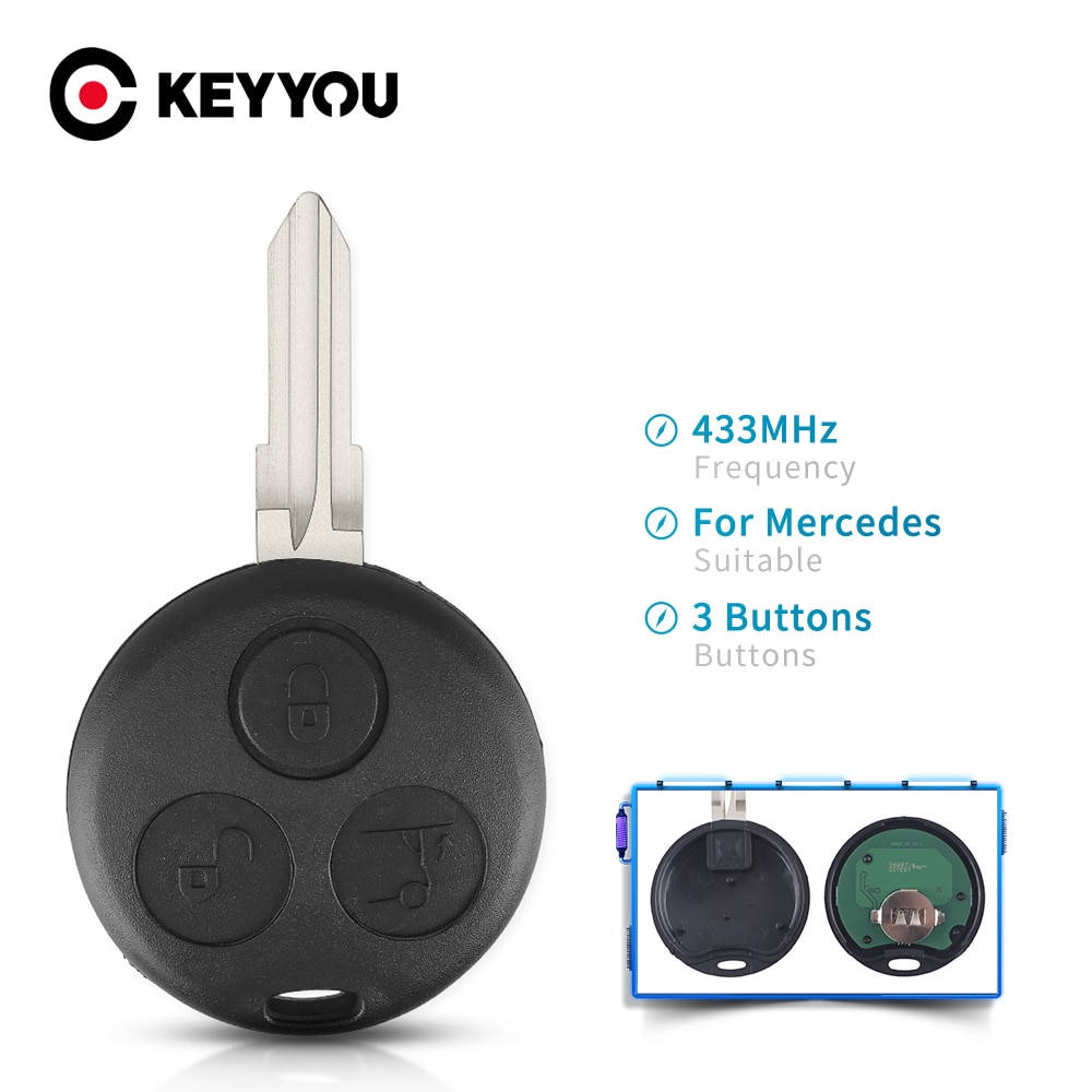 KEYYOU For MB Mercedes Benz Smart Fortwo 450 Forfour Roadster City Coupe 3 Buttons 433Mhz Auto Remote Key Fob Uncut Blank Blade