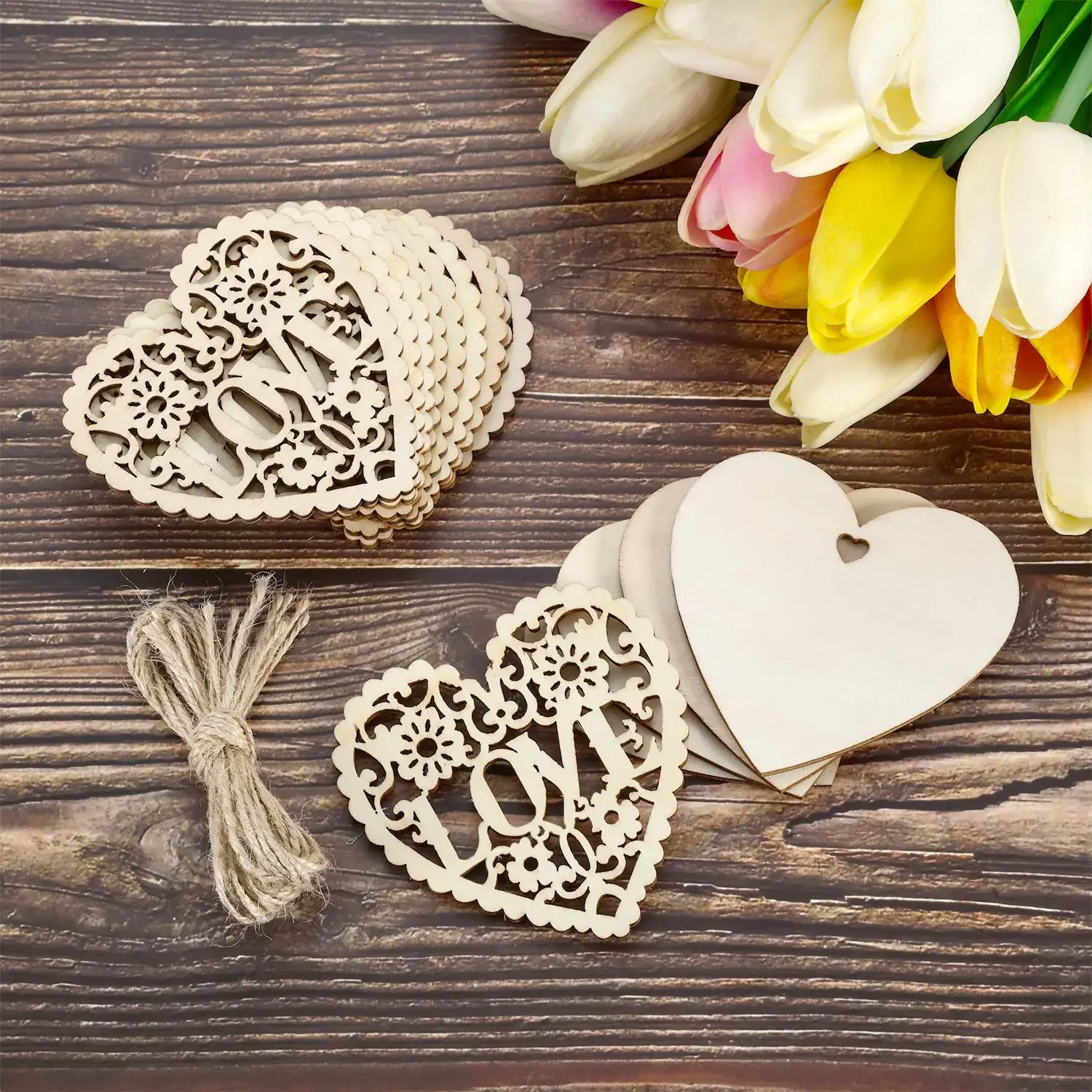 10 Stück herzförmige hölzerne hängende Verzierung, Herzen, Basteln für Hochzeit, Valentinstag, , DIY, Holzhandwerk