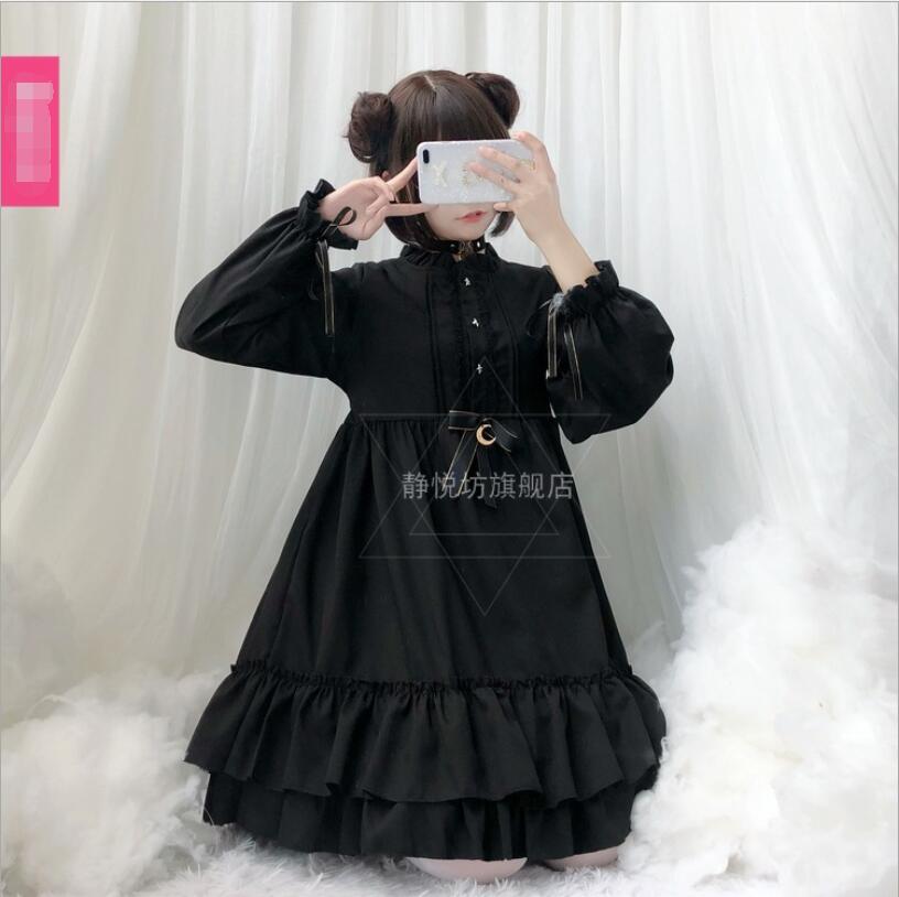 Robe Lolita japonaise noire Vintage gothique à manches longues, robe Court Kawaii pour filles, tenue de fête du thé