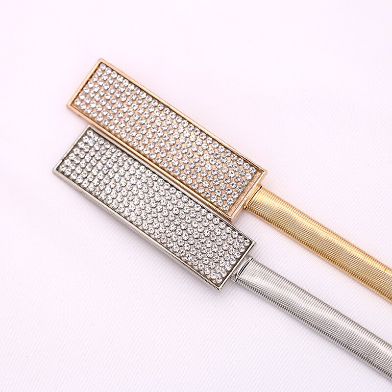 Luxury Imitate Rhinestone Chain Wasit Belt for Dress Stretch Skinny Metal Silver Gold Women Belt Elastic Thin Ladies Belt