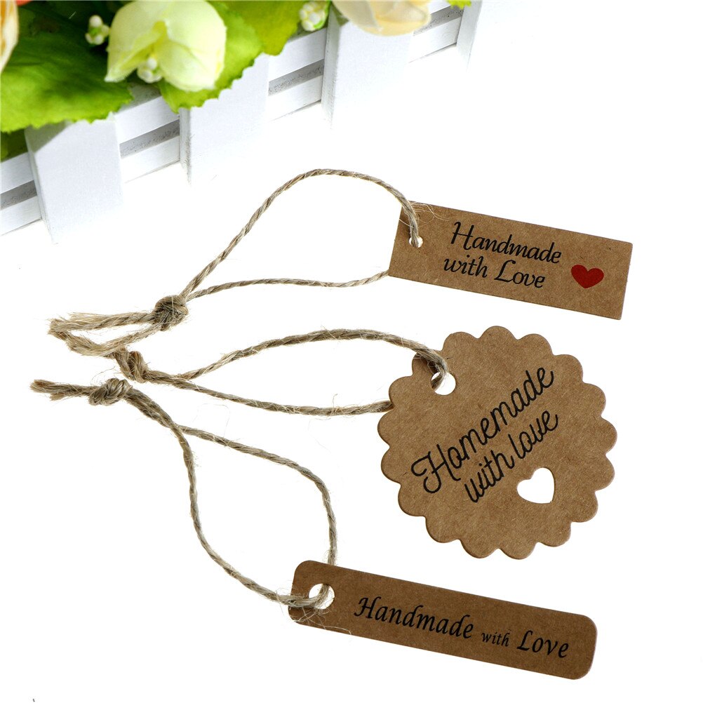 100PCS Handmade with Love Garment Tags Lovely Paper Tags Rope Paper Card Tag Labels Party Favors