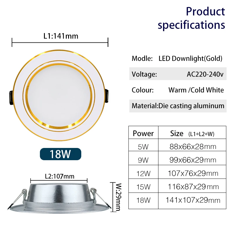 10 kpl/erä led-alasvalot 5w 9w 12w 15w 18w ac 220v 230v 240v led-kattoalasvalot lamput led-kattovalaisin kodin sisävalaistus