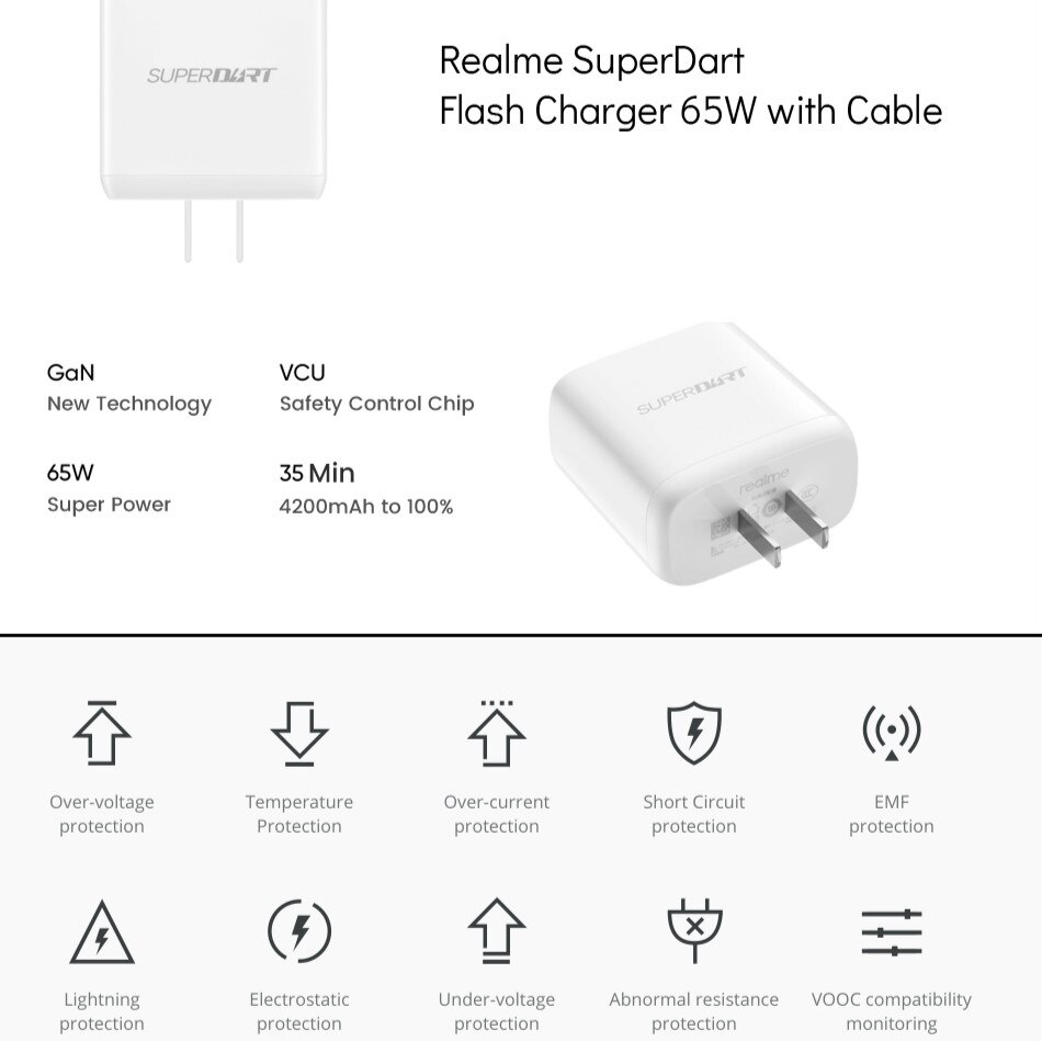 Realme 65W SuperDart Charger USB to Type C Fast Charging For Realme X9 Pro 7 Pro X7 Q2 X50 Pro XT X3 C3 C15