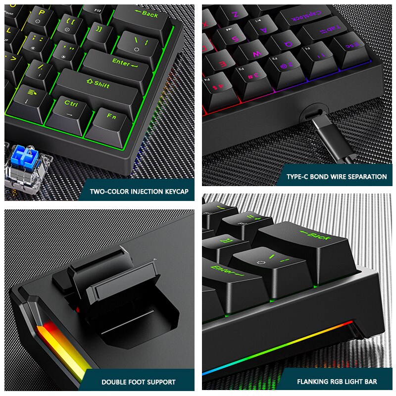 Mini gaming mekanisk tastatur 61 taster type-c blå switch rgb lys justerbar ergonomi kablet tastatur til gamer bærbar pc