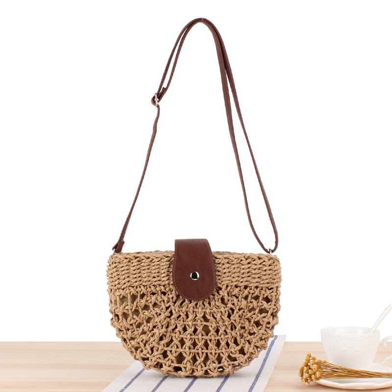 Une Pièce Directe Décontracté Épaule Tissé à La Main Creux Demi-Cercle Bandoulière Paille Sac de Plage Femme: brown