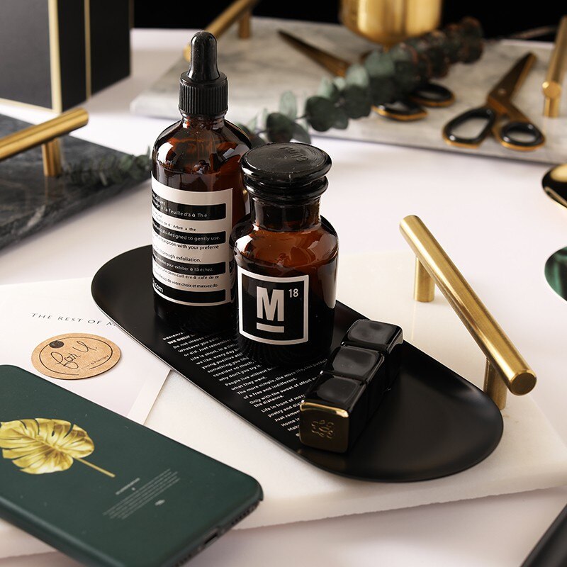 Black Metal Storage Tray Oval Lettering Fruit Plate Small Items Jewelry Display Tray Mirror Storage Tray Home Storage