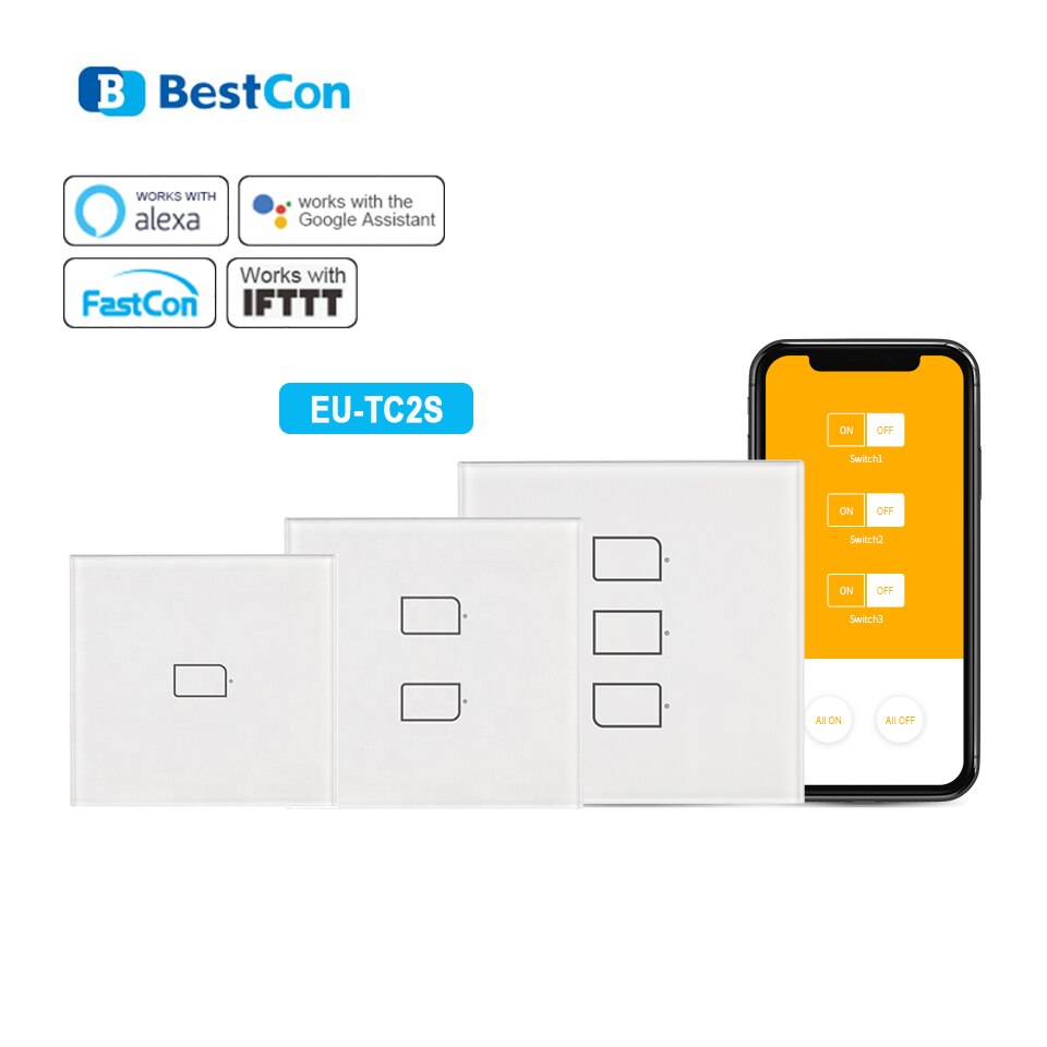 New broadlink bestcon  tc2s- eu standard  rf433 smart wall light touch switch works with alexa, google home, and smart home applications.