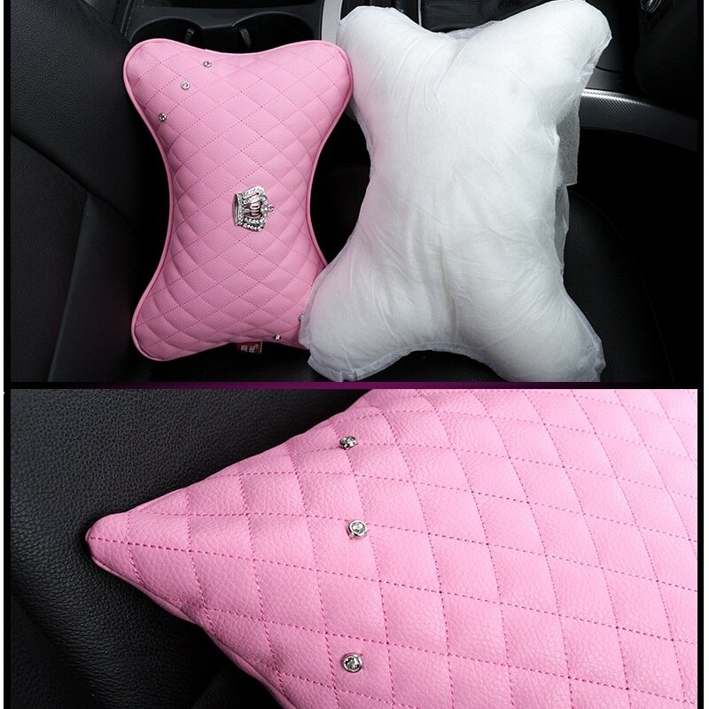 Car Headrest Pillow Luxury Diamond Pattern Car Headrest Neck Pillow Cushion Red Pink Black Women Car Accessories