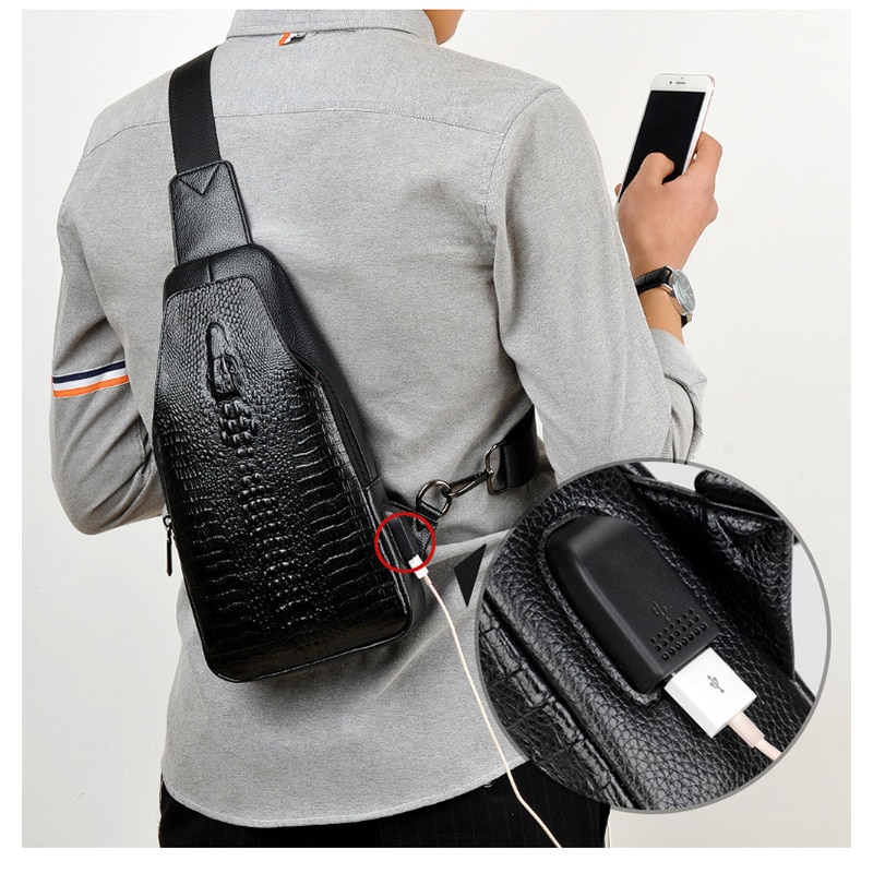 hommes sac de poitrine sac Messenger en cuir USB chargement coffre Pack Alligator décontracté sac à bandoulière homme Crocodile motif sacs à bandoulière