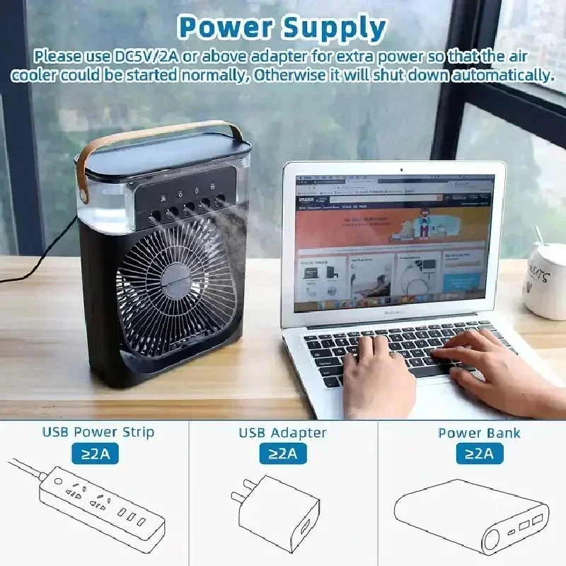 Portable 3-in-1 Air Cooler Fan LED Night Light Conditioner for Home Office Bedroom USB Evaporative Cooler Quiet Energy Efficient