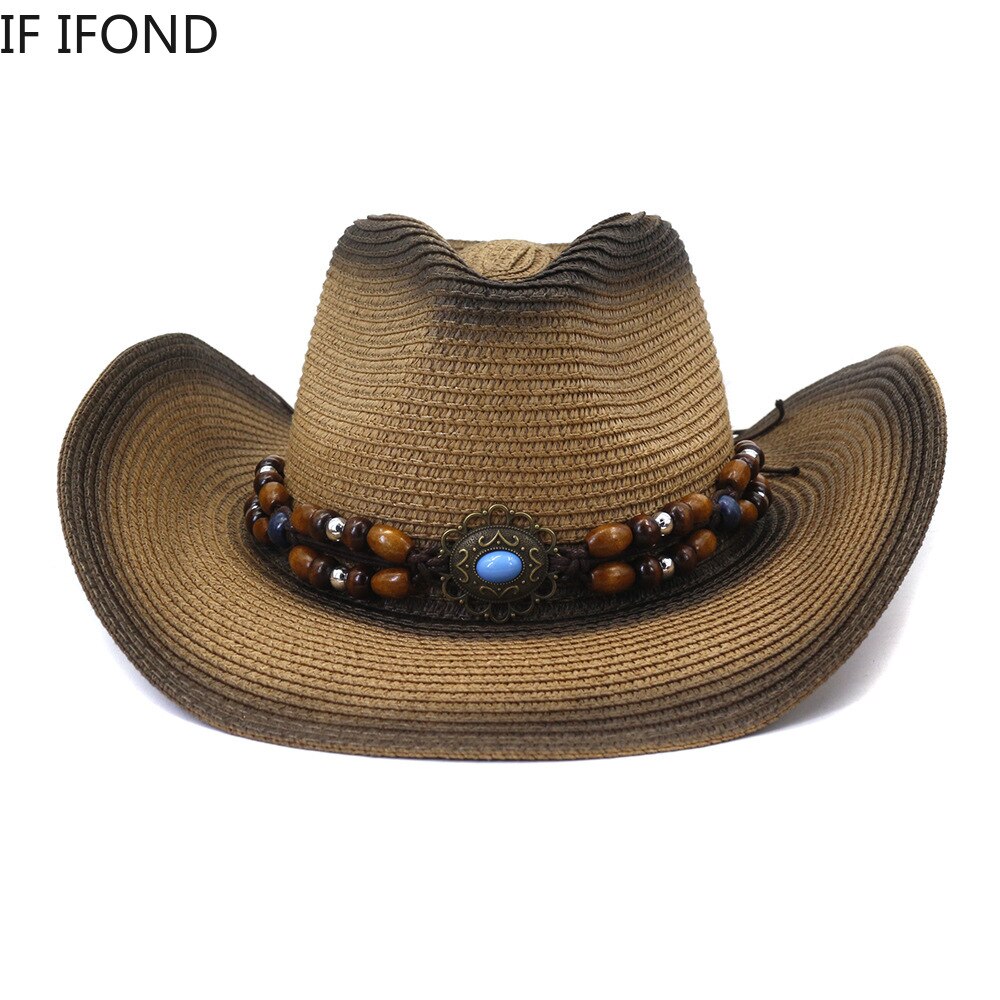 Handmade Straw Summer Western Cowboy Hat Women Men False Gem Decoration Panama Beach Cowgirl Hat 56-58CM