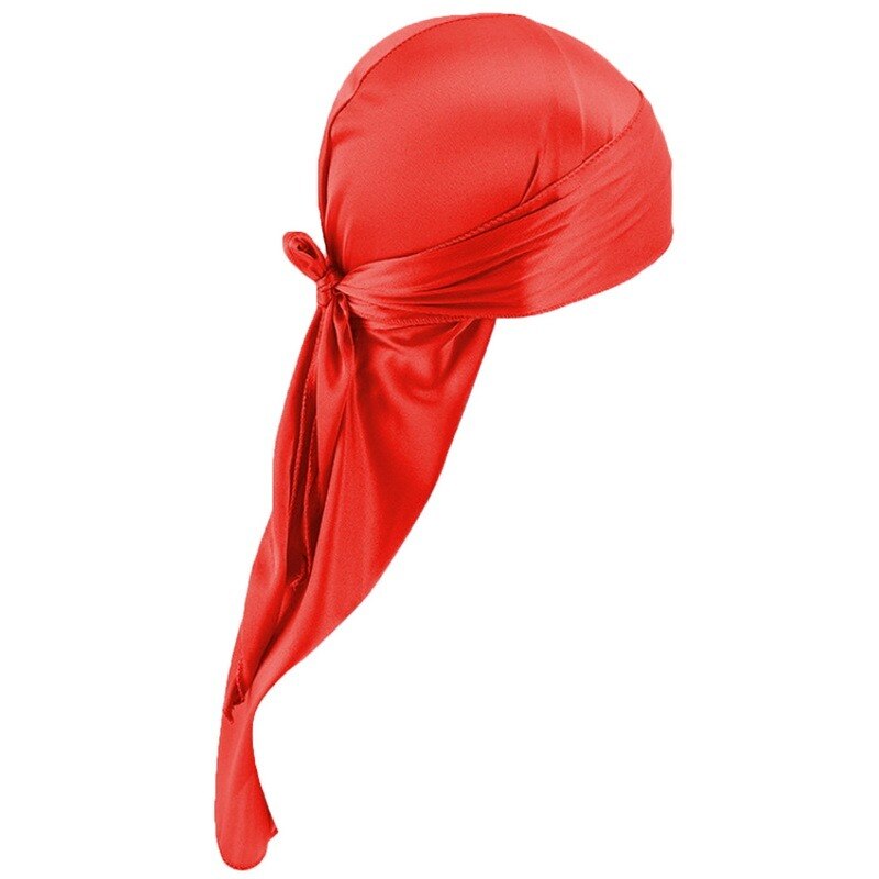 Satin Men Stretchy Cap Hip Hop Wigs Turban Bandana Headwear Toe Cap Solid Color Long Pirate Hat Tie Down Tail Hair Accessories: red