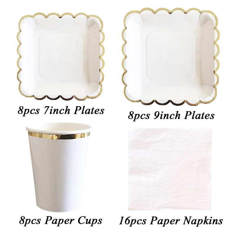 Hvidt engangsservicesæt til fest, guld paptallerken, bryllup, nødvendigheder, fødselsdagsfest, babyshowerdekorationer, bryllupsartikler