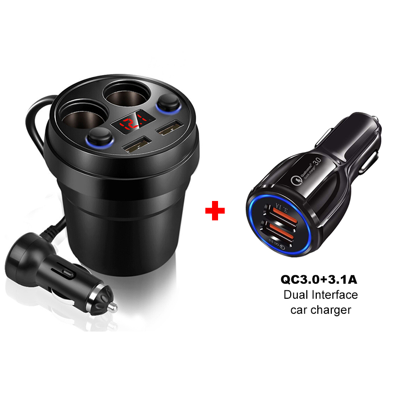 Auto-oplader mobiele telefoon auto charger3.1A dual USB een voor vier sigarettenaansteker cup auto oplader voor iphone x xiaomi samsung s10: 2in1black