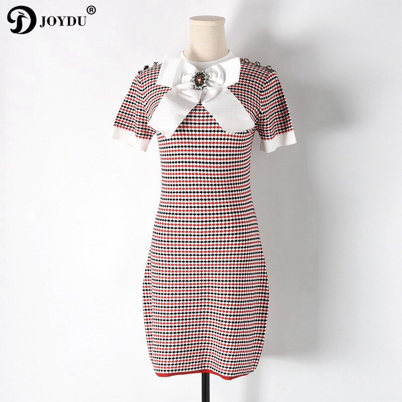 JOYDU Luxe Chic Runway Zomer Jurken voor Vrouwen Korte Mouwen Gebreide Mini Plaid Bandage Jurk Bead Bow Party Vestidos