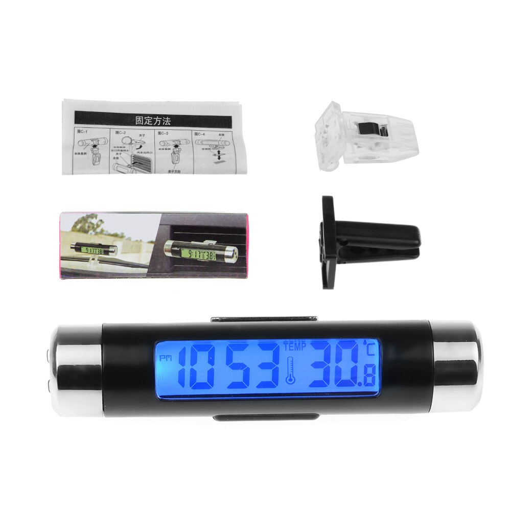 2- in- 1 auto lcd clip-on digitale temperatuur thermometer klok kalender auto blauwe achtergrondverlichting klok auto accessoires
