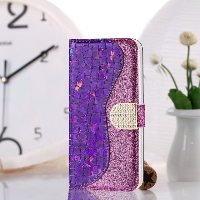 Funda con tapa para Huawei P Smart , carcasa inteligente con diamantes de imitación, cartera brillante para mujer, FIG-LX1: P Smart2019 (6.21in) / Morado