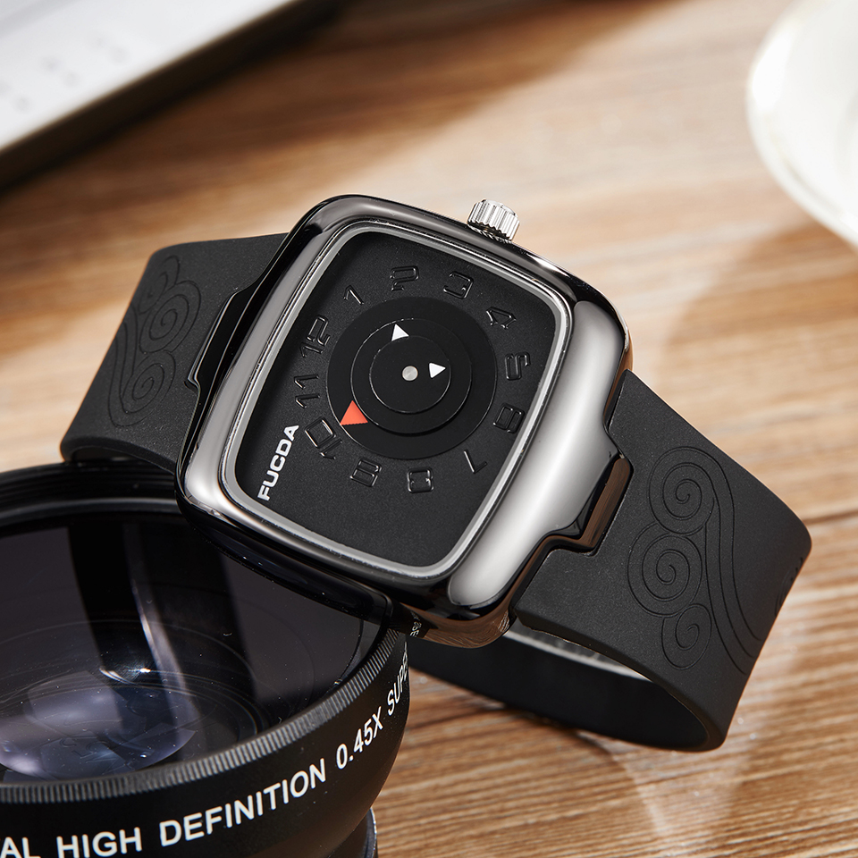 Draaitafel Mannen Horloge Koreaans Zwart Wit Vierkant Quartz Heren Polshorloge Mannelijke Creatieve Rubberen Band Horloges Logio Masculino