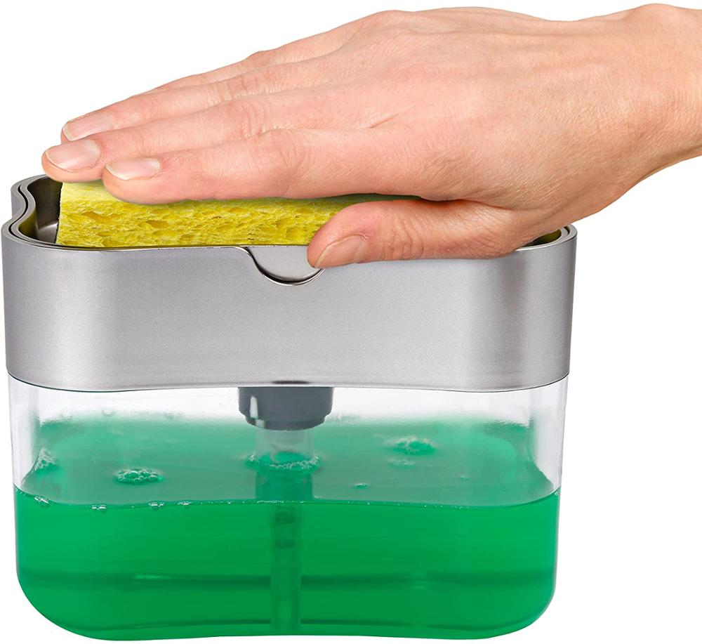 Ycoo 2- i -1 tvål dispenser diskmedel dispenser manuell press flytande tvål dispenser kökstvätt tvål pump svamp caddie: Silver-