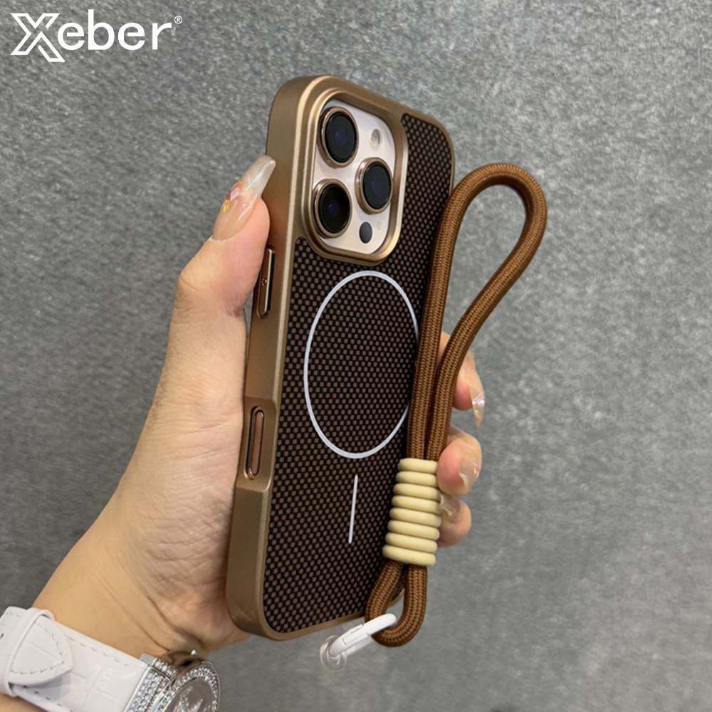 Luxury With Lanyard Kevlar Pattern For Magsafe Phone Case For iPhone 16 15 14 13 12 Pro Max Magnetic Wireless Charging Cover