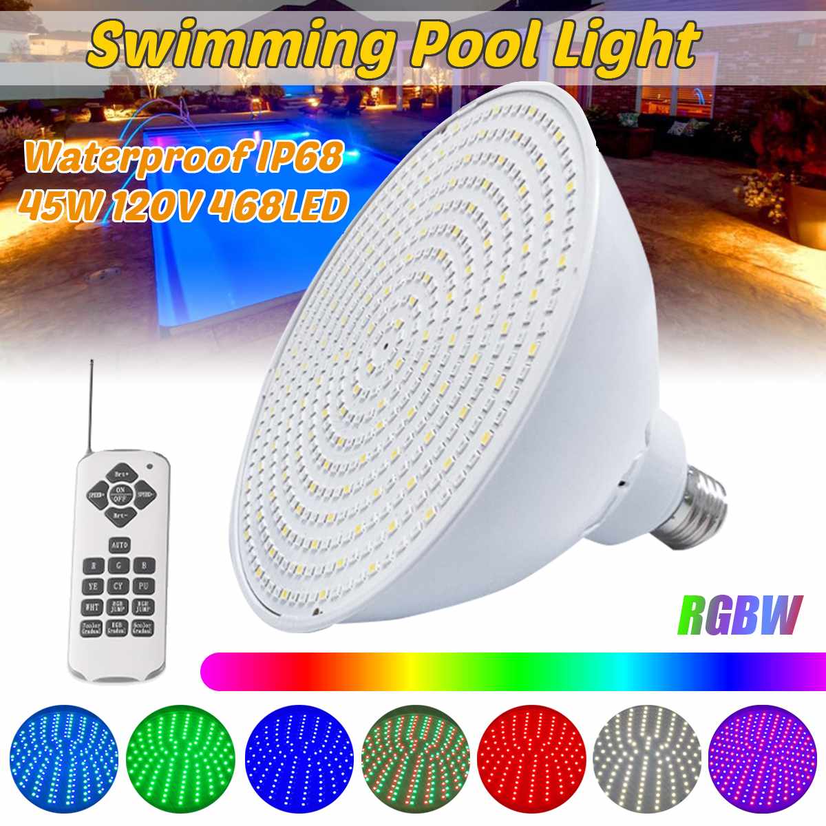 Swimming Pool Light 45w Resin Filled remote control Light Ip68 RGB Synchronous Switch Off/On Halogen E27 Bulb Replacement