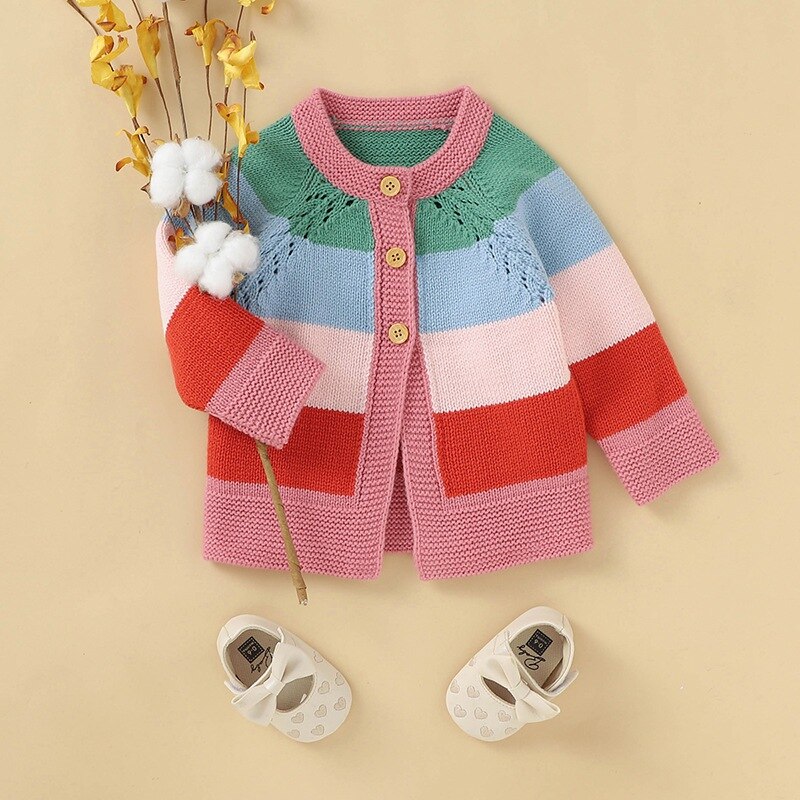 Kleinkind Mädchen Pullover Kleidung Winter Warme Kinder Casual Pullover Baby Mädchen Regenbogen Striped Print Baumwolle Gestrickte Oberbekleidung Kleidung