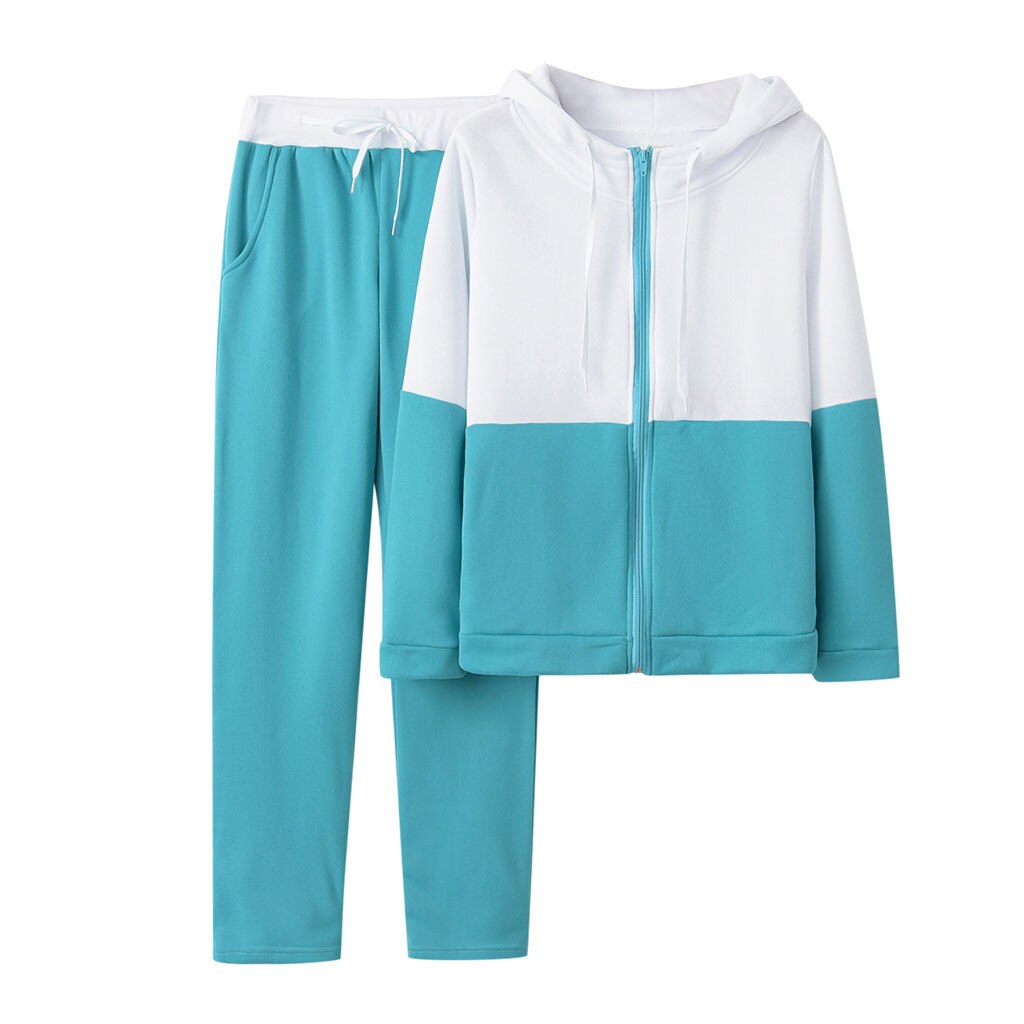 Vrouwen Effen Kleur Hooded Sweater en broek Trainingspak Sport Pak: Sky Blue / XL