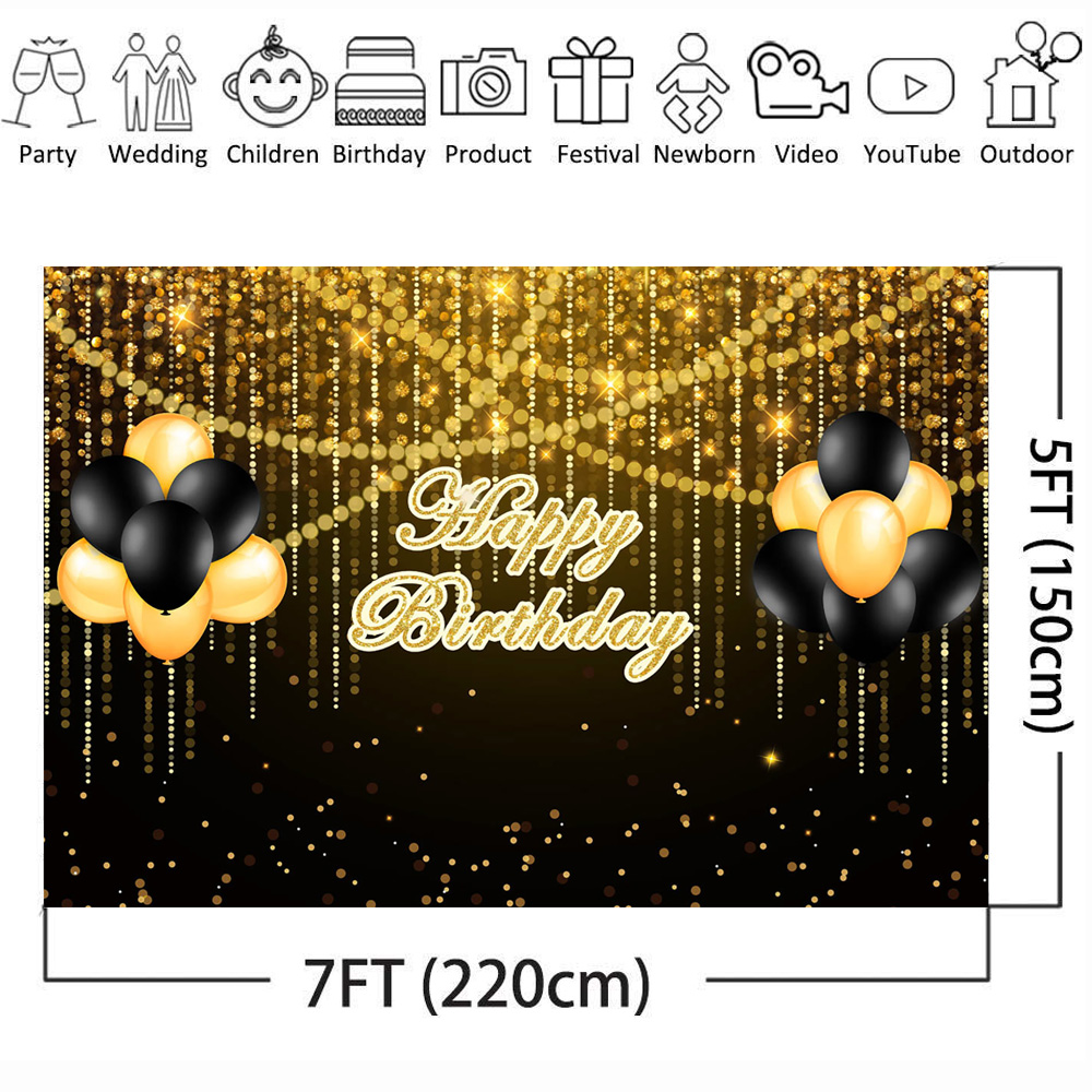 Golden Glitter Happy Birthday Backdrop Photocall Bokeh Balloons Adult Birthday Party Photo Background Black Gold Dots Backdrops