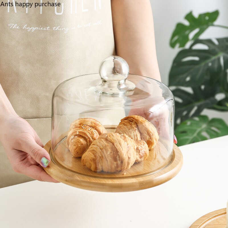 Plateau à gâteaux en bois avec couvercle en verre, plateau à Dessert, à pain, à collation, pour la conservation de la fraîcheur, couvercle Anti-cendres, plateau de stockage des aliments ménagers,