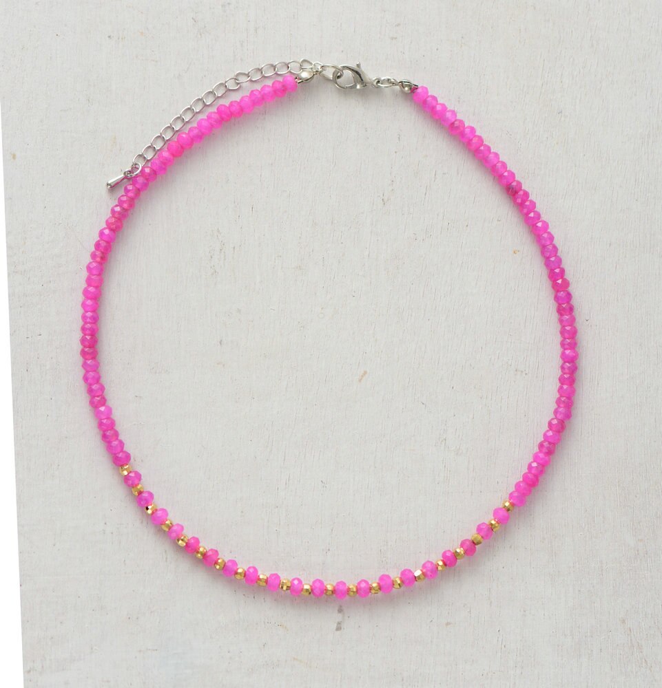 Women Choker Semi Precious Stone Gold Beads Choker Necklace Womens Simple Collar Necklace Neck Choker Bohemia Jewelry: Fuchsia