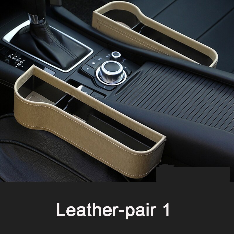 Caja de almacenamiento de cuero PU para hueco de asiento de coche, organizador de bolsillo multifuncional, soporte para botella de teléfono, accesorios para coche: Leather-pair 1