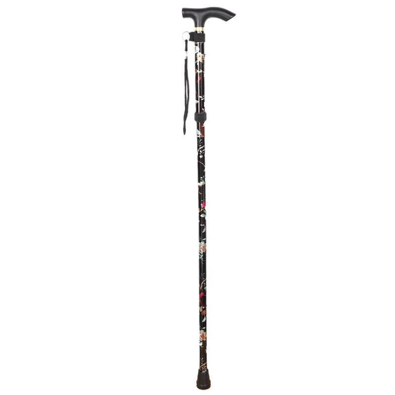 Shockproof printing cane telescopic trekking pole five sections aluminum alloy metal folding crutches elderly crutches poles: Black
