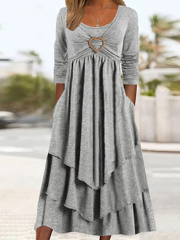 Office Women Patchwork Pockets Midi Dress Round Neck Basic Solid Long Sleeve Dress Lady Casual Summer Ruffles Club Dress