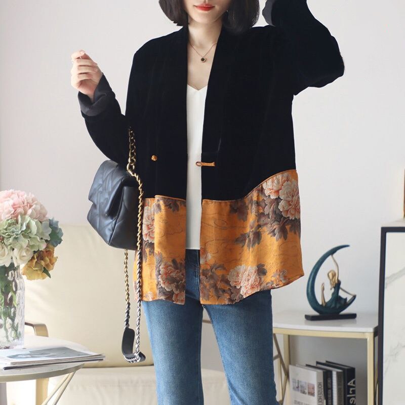 Lady Chinese Style Velvet Coat Women Retro Print Qipao Button Top Black Yellow Loose Blouse Patchwork Jackets Tops Robes