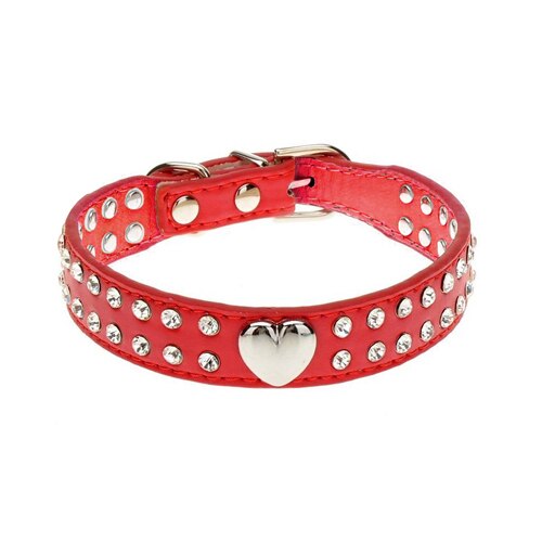 Zachte Steentjes Halsband PU Leer Gevoerde Kristal Metalen Hart Hond Pet Halsbanden voor Kleine Medium Hond Pet Chihuahua: Rood / XXS