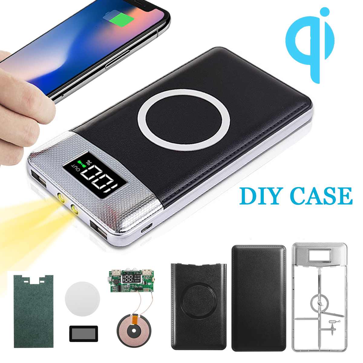 QI Power Bank Case Only DIY Aluminum Wireless Charging Charger for 3 Mobile Phone LCD Display Power Supply External Battery