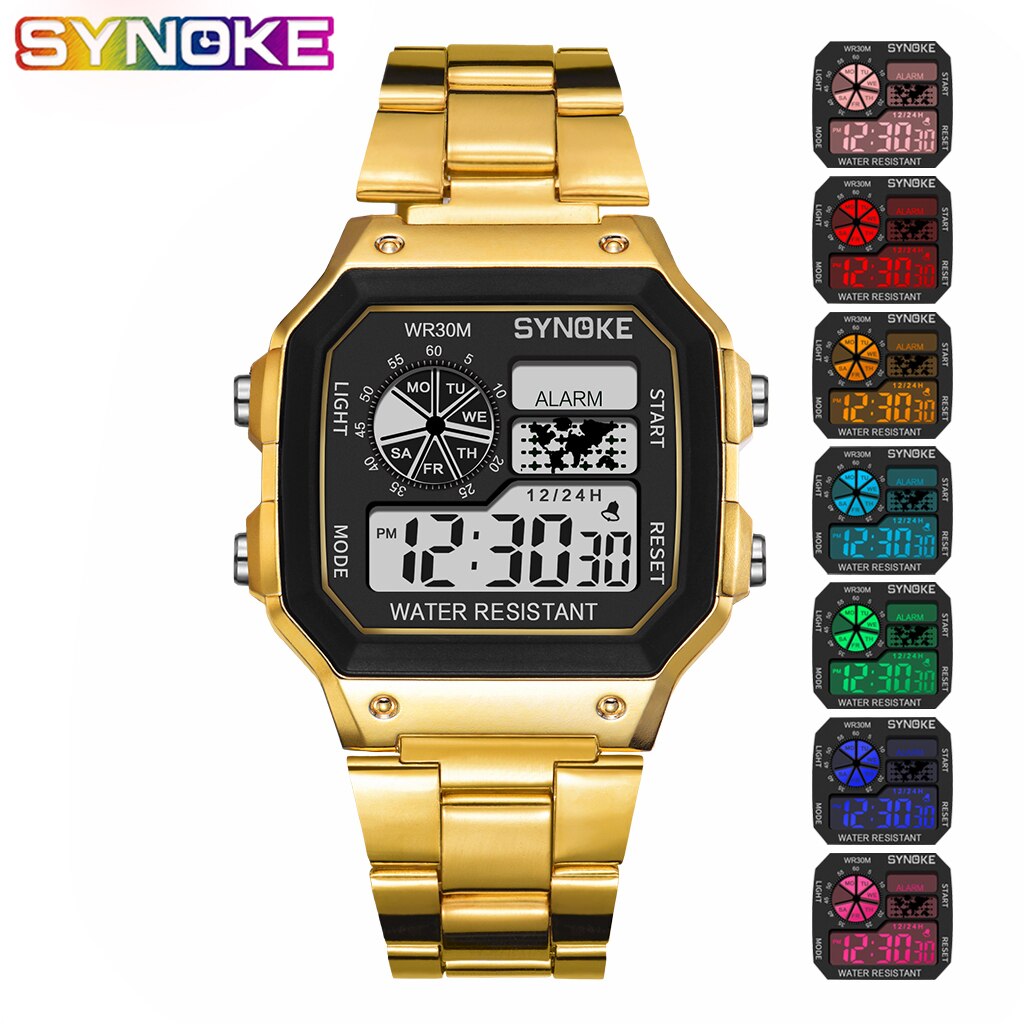 SYNOKE Digitale Horloge Student Mannen Kleurrijke Lichtgevende LED Rvs multifunctionele Mode Goud Zilver Elektronische Horloge: 9028 gold