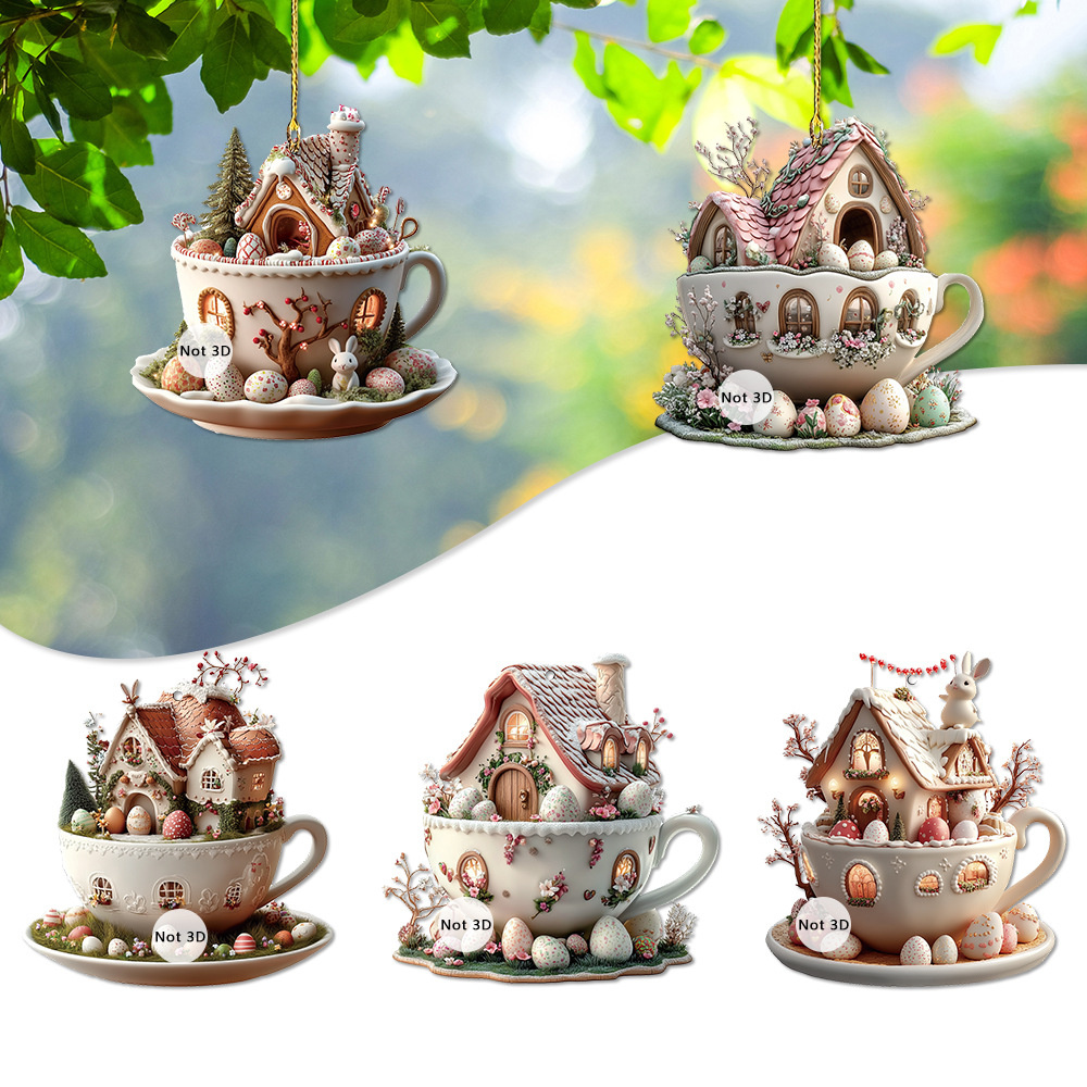 Adornos de taza de café de Pascua, casa de huevos de conejito de dibujos animados, tazas de café decorativas, adornos acrílicos 2D, suministros para de primavera 2025,