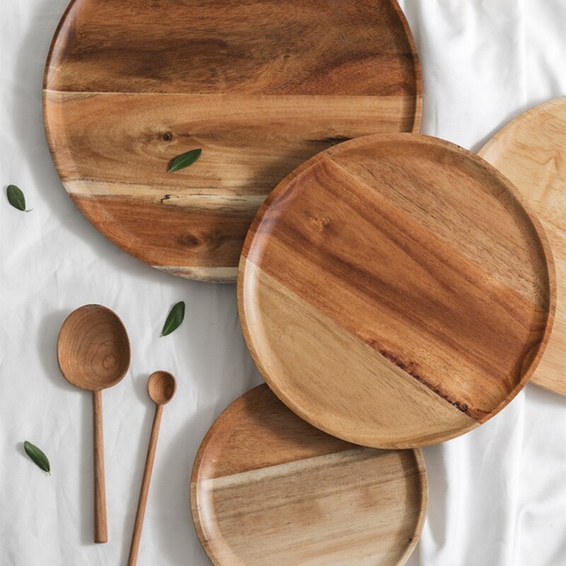 Japanese-style Solid Wood Plate Eco-friendly Tray Round Plate Acacia Wood Large For Family Kitchen Tool