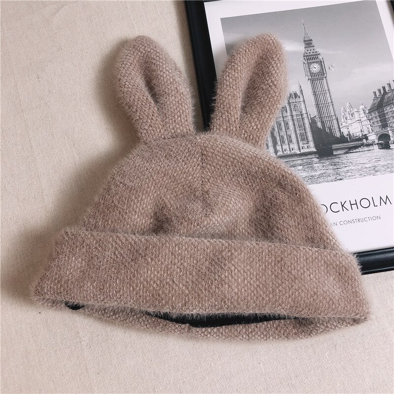 Women's Hats Autumn Winter Lamb Plush Soft Cute Ears Warm Panama Casual Hats Skull Beanie Soft Knitted Beanie Cotton: A