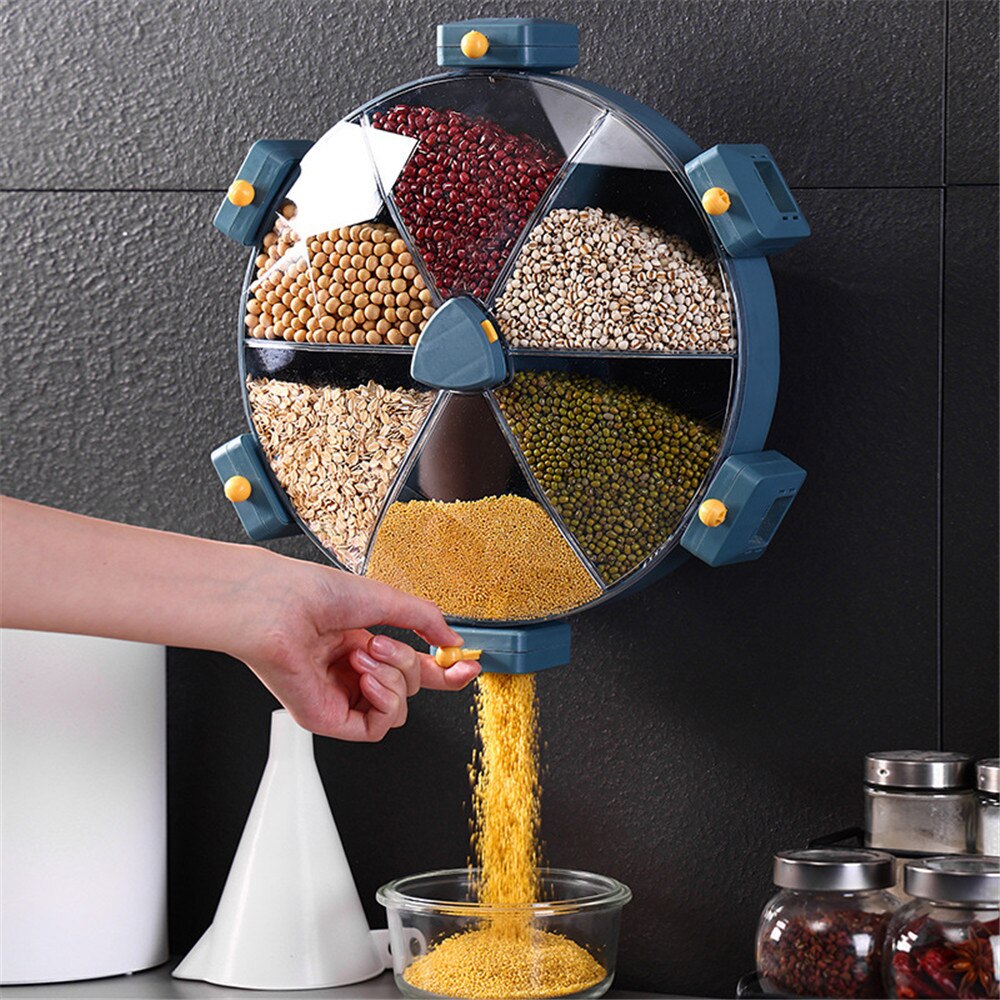 8.5L Large Rotate Storage Containers Cereals Dry Food Rice Dispenser Holder Plastic Divided Cells Wall Mounted Kitchen Organizer